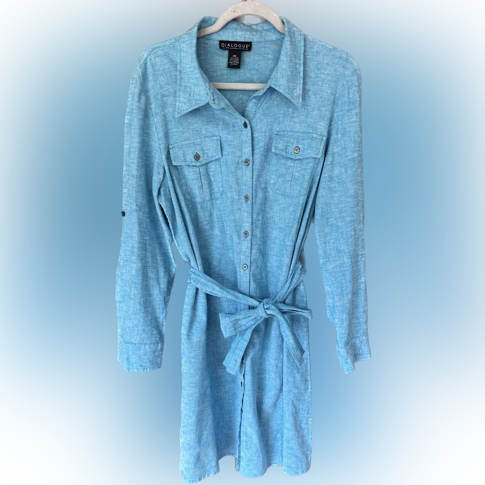 Dialogue Chambray Linen Belted Shirt Dress Button-front Blue Size PM Pockets